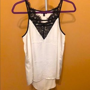 White Tank with Black Lace V Detail